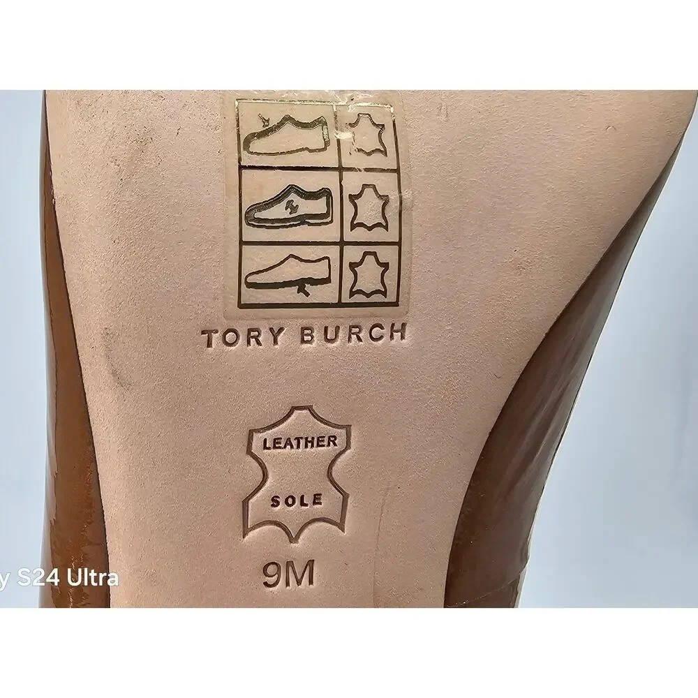 Tory Burch Banana Heel Pump Brown Caramel Patent Leather Curved Heel Women's 9M